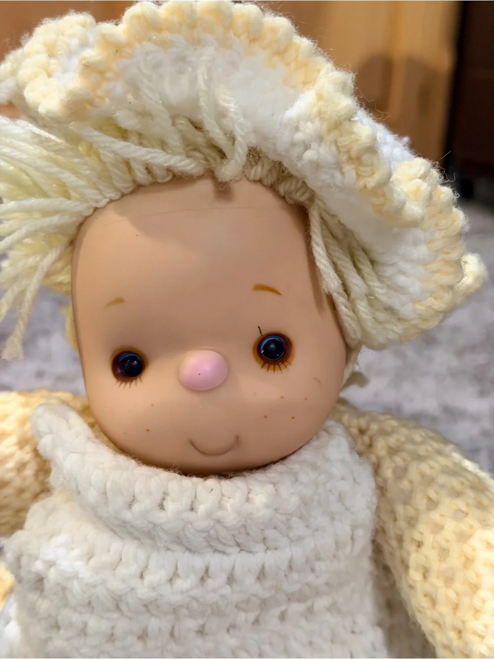 VTG 70s Handmade Crochet Doll Yellow Dress White Bib Floppy Hat &  Freckles 17”